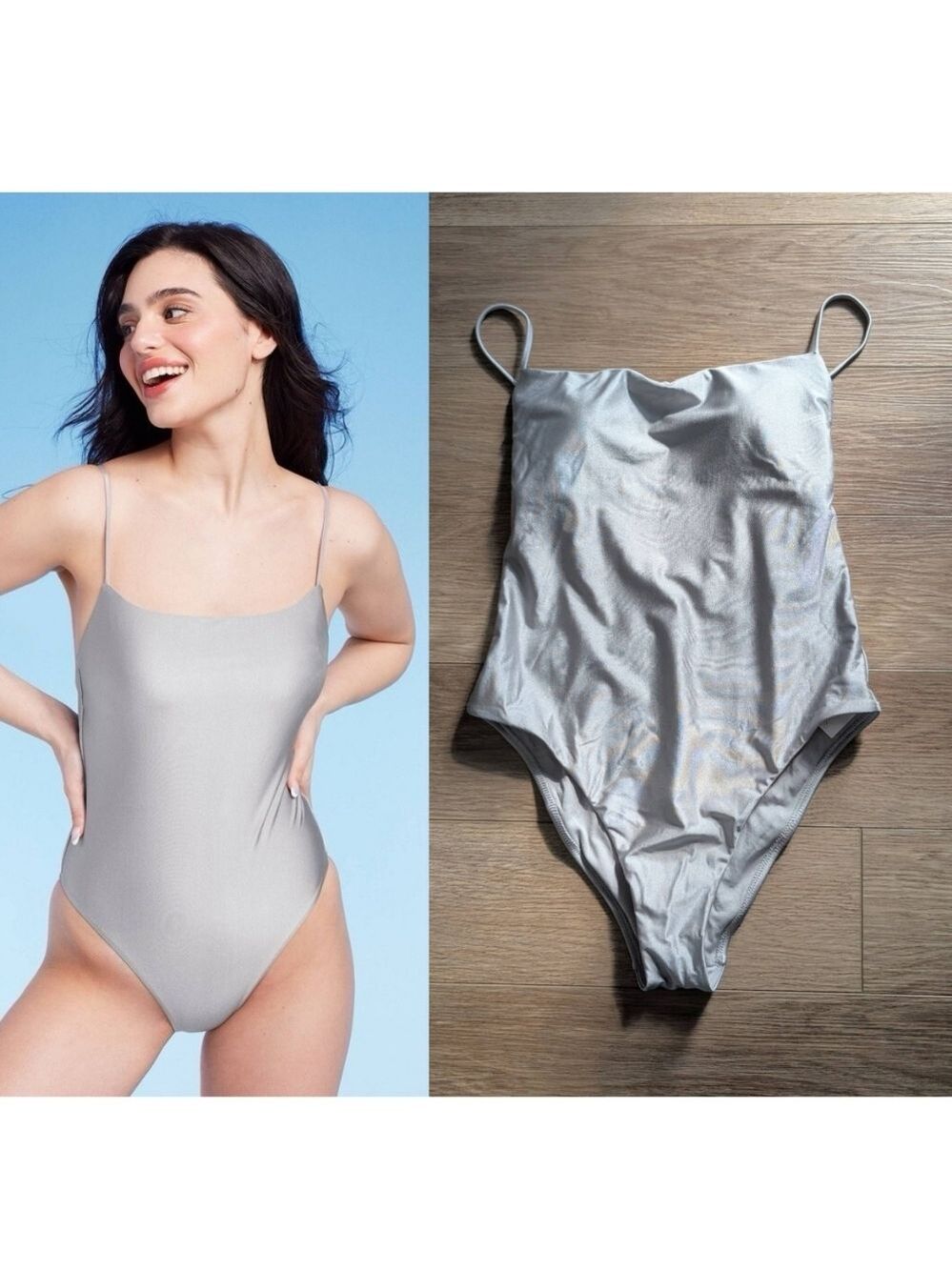 Shade & Shore | Metallic Silver One Piece Swimsuit - High Leg Cheeky